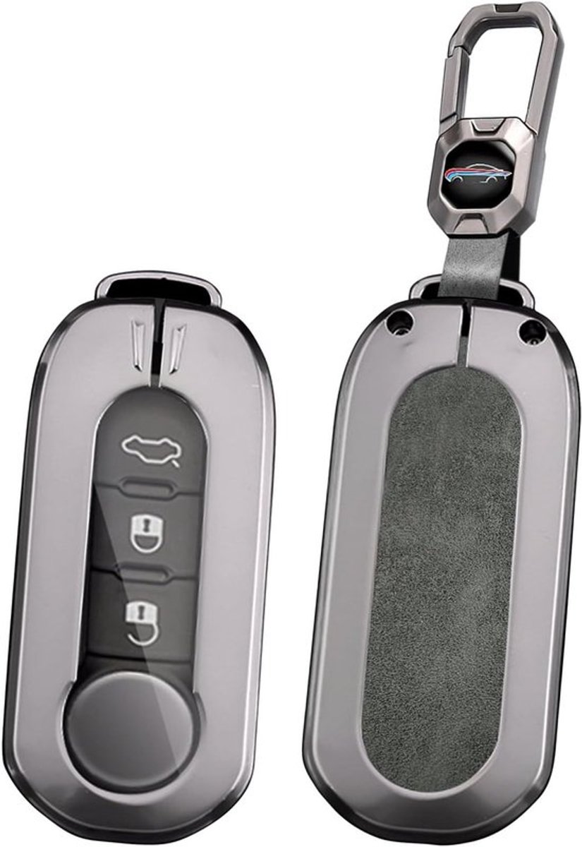 Beschermhoes voor Autosleutel, Geschikt voor Peugeot en Fiat Modellen, Duurzame Metaal Sleutelcover met Sleutelhanger voor 3 Sleutels, Grijs