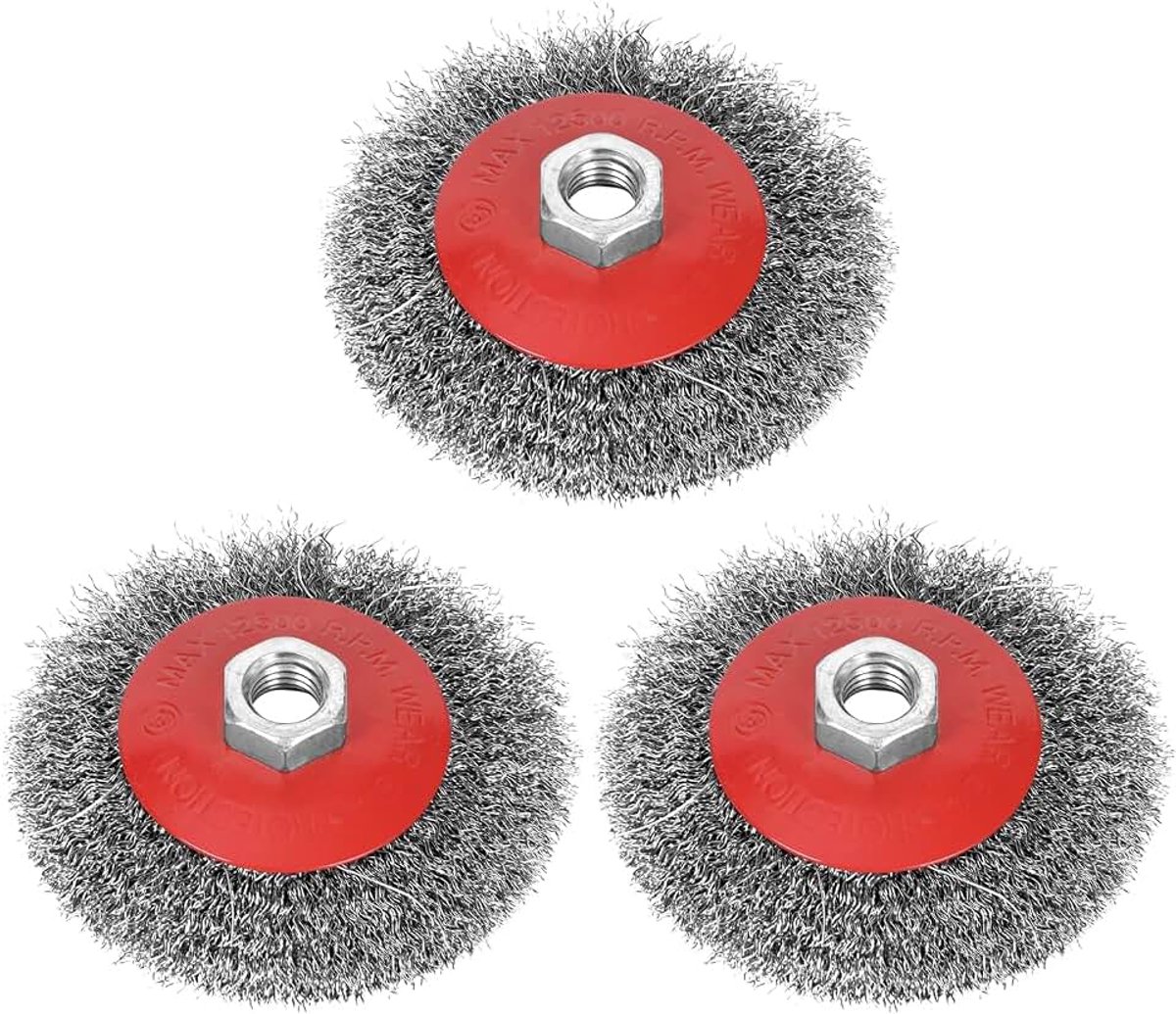Draadborstel voor haakse slijper Ø 115 mm, M14-schroefdraadopname, van gegolfd HSS-staaldraad, voor metaal en steen, voor het reinigen, ontwelen, opruwen en ontroesten (3 stuks)