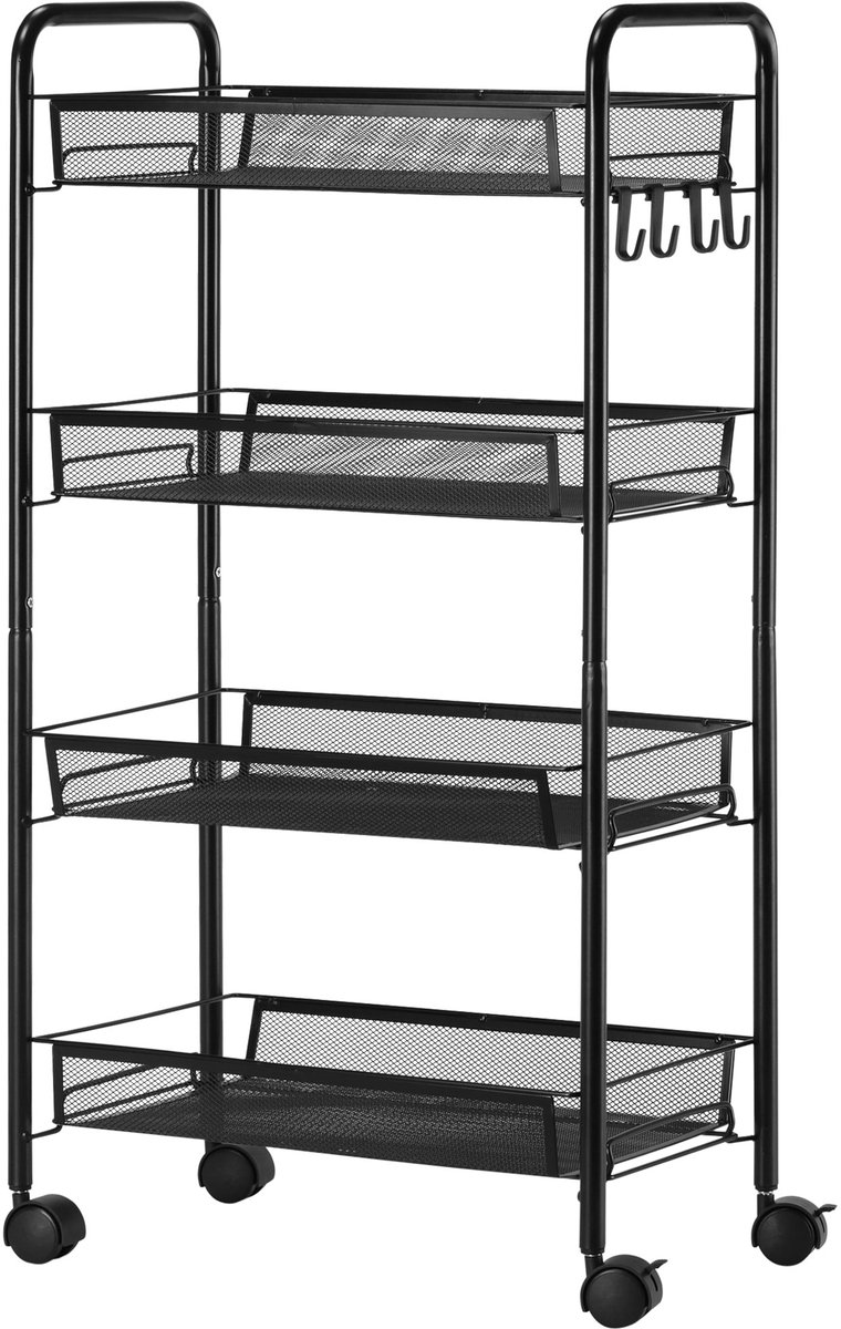 Serveerwagen met 4 niveaus, keukentrolley met afneembare mand, haak, handgreep, rolwagen met multifunctionele wagen, keukenrek met wieltjes, voor keuken, kantoor, badkamer, staal, 45 x 26,5 x 84 cm, zwart
