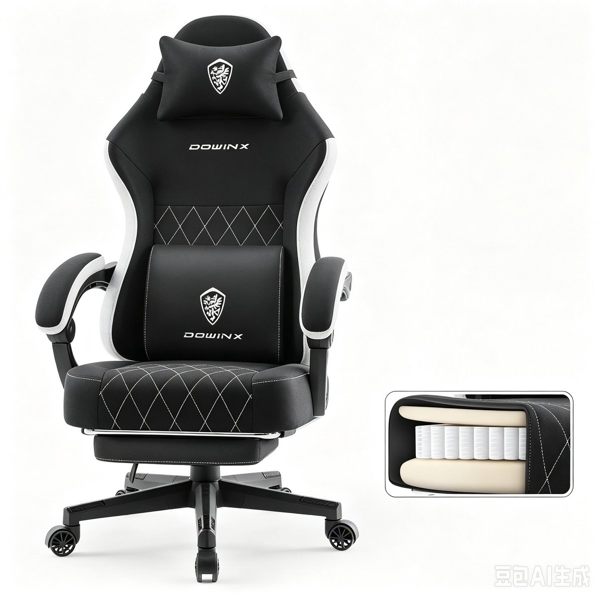 DowinxGaming stoel - Bureaustoel -Ergonomische - Verstelbare rugleuning - Voetsteun – Zakveren zitting – Ademende stof – Vleugelloos zitvlak – Massage lendenkussen - Voor kantoor en gamen - Afmetingen 65x63x127cm - 1 stuks - Zwart
