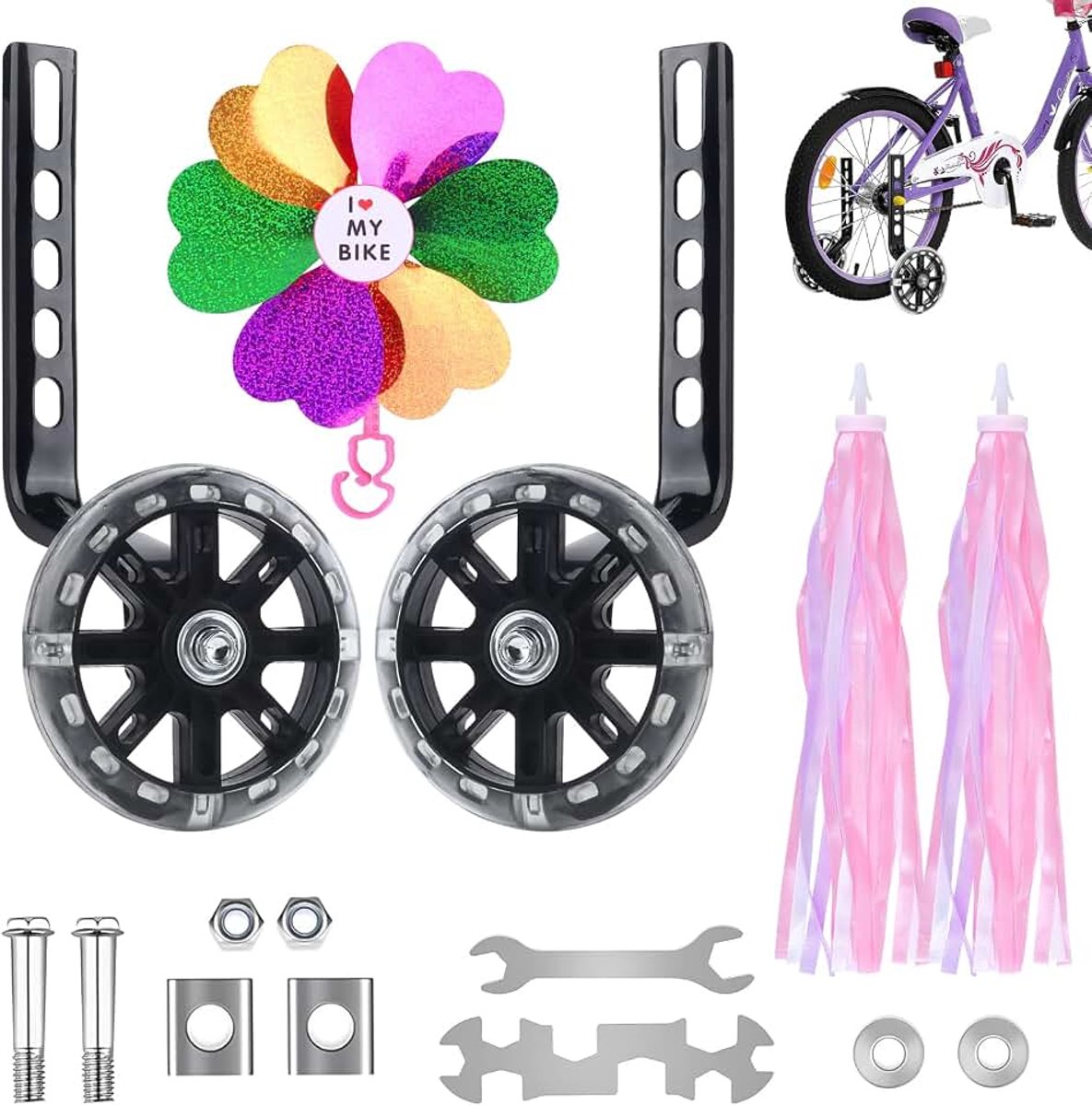 Kinderfiets 2 stuks universele steunwielen kinderfietsen met moersleutel en windmolen verstelbare fietssteunwielen voor kinderen 12 14 16 18 20 inch