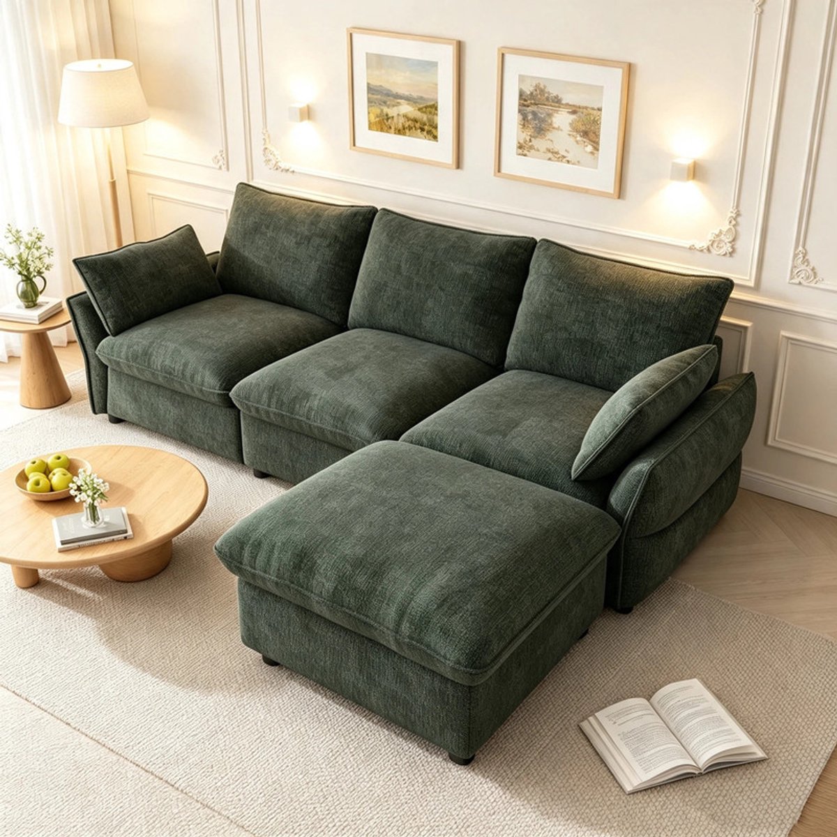 Moderne Hoekbank, L-Bank Met Hocker (Inclusief 1 Kruk), 3-Zits Bank Van Chenille, Geschikt Voor Woonkamer, Appartement En Eenpersoonshuishouden, Donkergroen, 222,5 X 154,5 X 76,5 cm-Groente