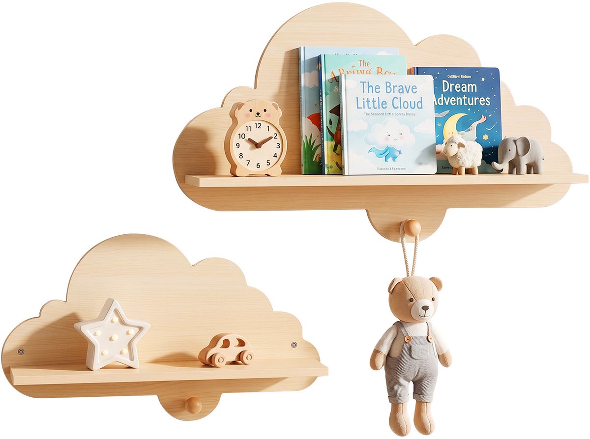 COSTWAY 2-delige zwevende wandplank voor kinderen, wolkvormig schap van massief hout, wandgemonteerd kinderplank met haken, Montessori boekenplank voor kinderen, hangplank voor kinderkamer, speelkamer, wit (natuur)