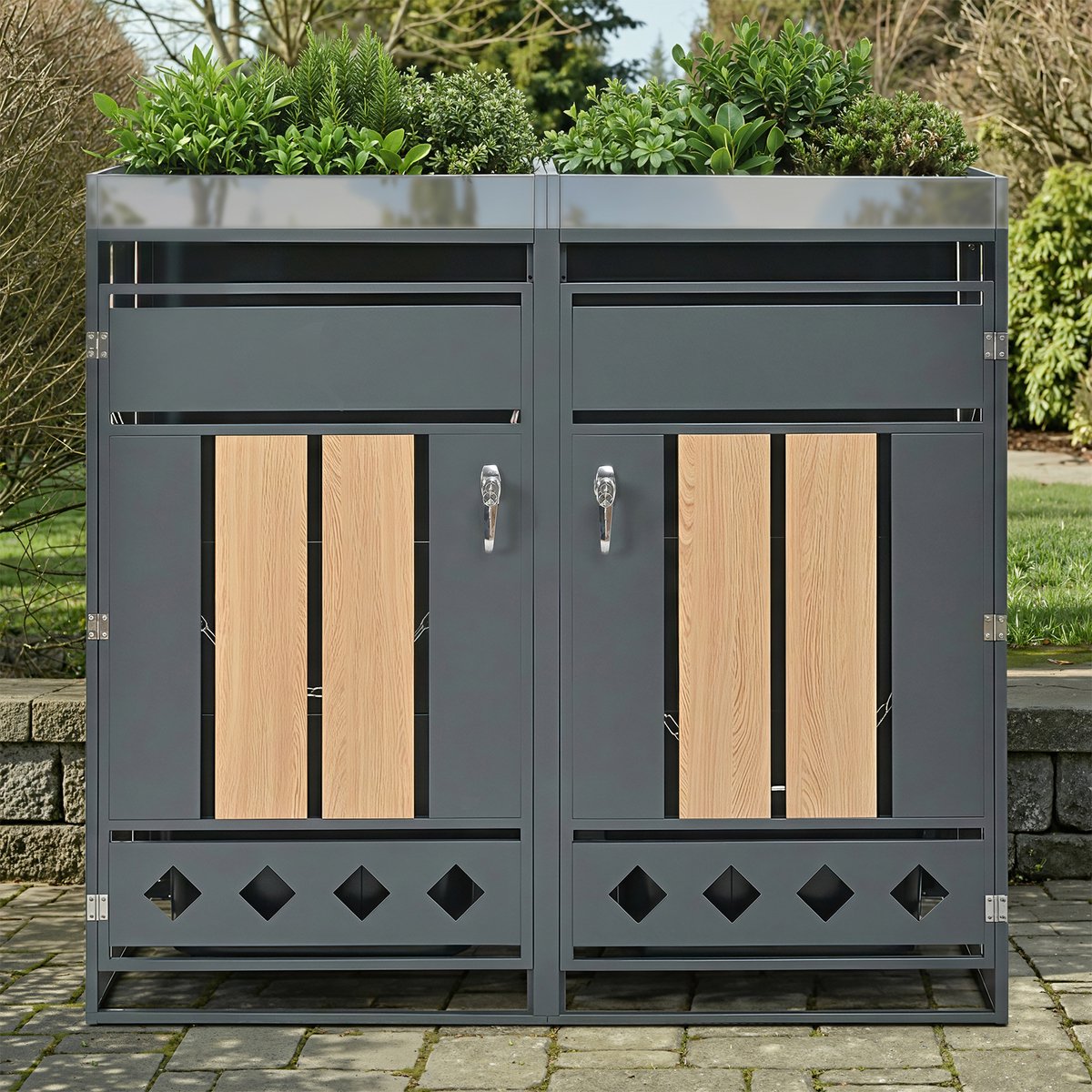 DESMIU Containerberging Dubbele Afvalbakberging Afsluitbaar 132 X 80 X 1245 Cm Verzinkt Staal Grijs Houtlook Met Plantenbak Voor Buiten