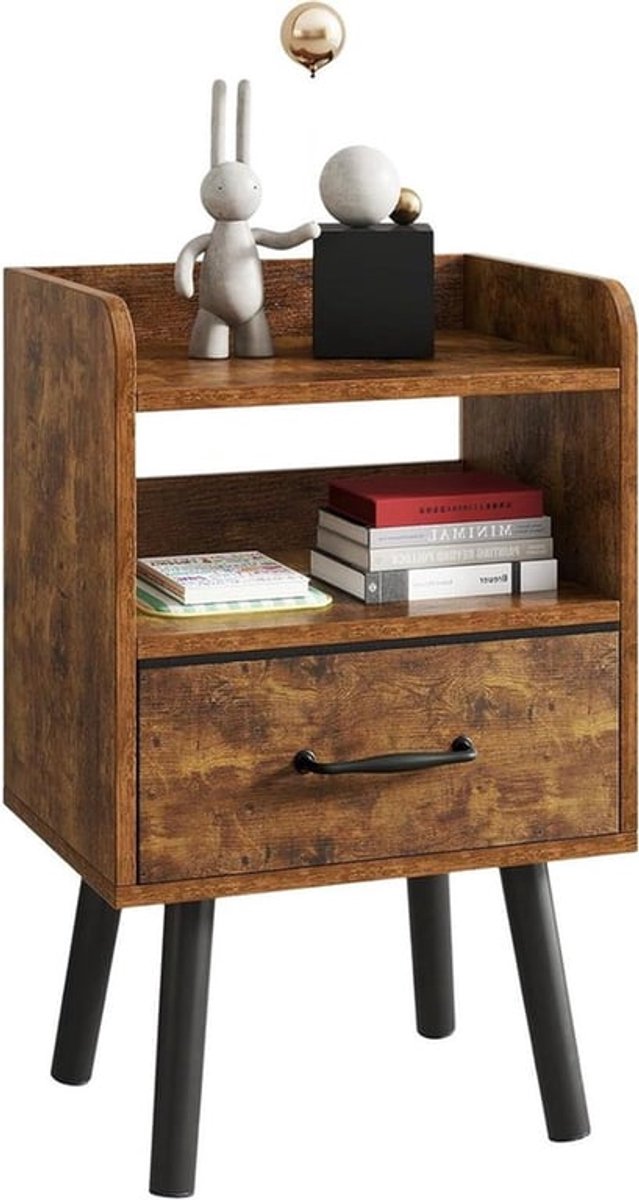 Nachtkastje met stoffen lade en massieve houten poten - rustiek bruin 39x29x63 cm