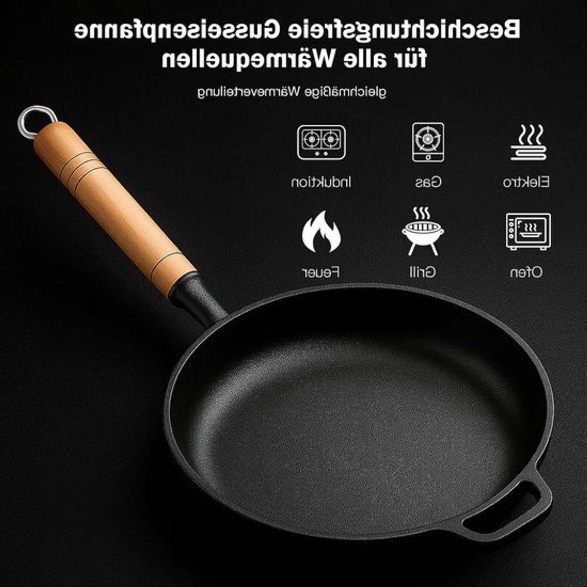 Ongecoate gietijzeren pan met afneembare houten handgreep, geschikt voor alle soorten kookplaten, 23-29 cm rond (25CM)