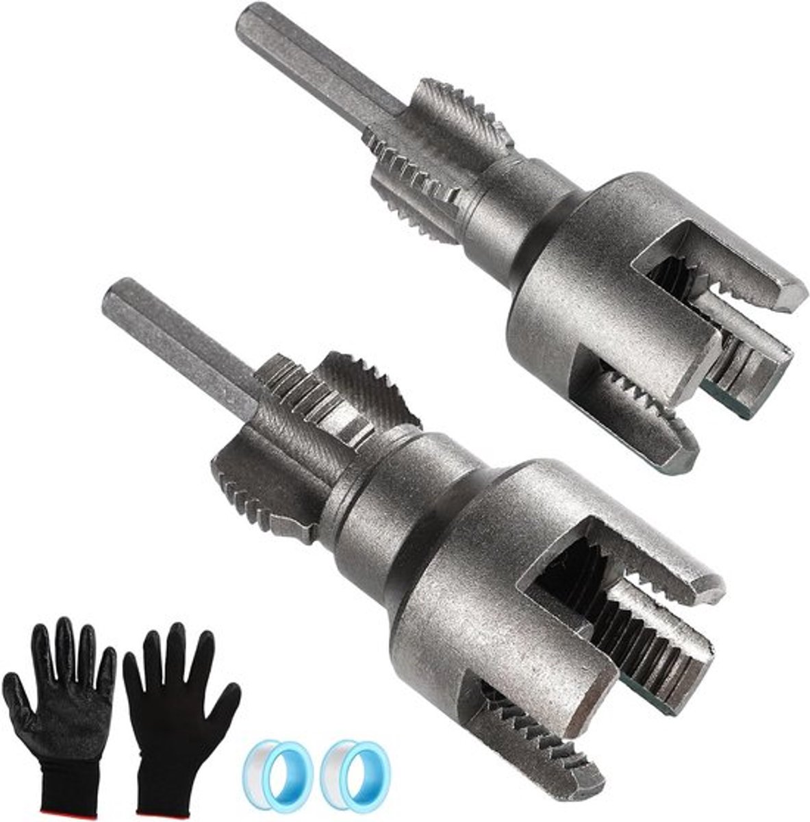 Set van 2 geïntegreerde binnen- en buitendraadgereedschappen voor waterleidingen, geschikt voor 1/2'' en 3/4'' leidingen, ideaal voor thuisreparaties en klussen met een dubbele functie.