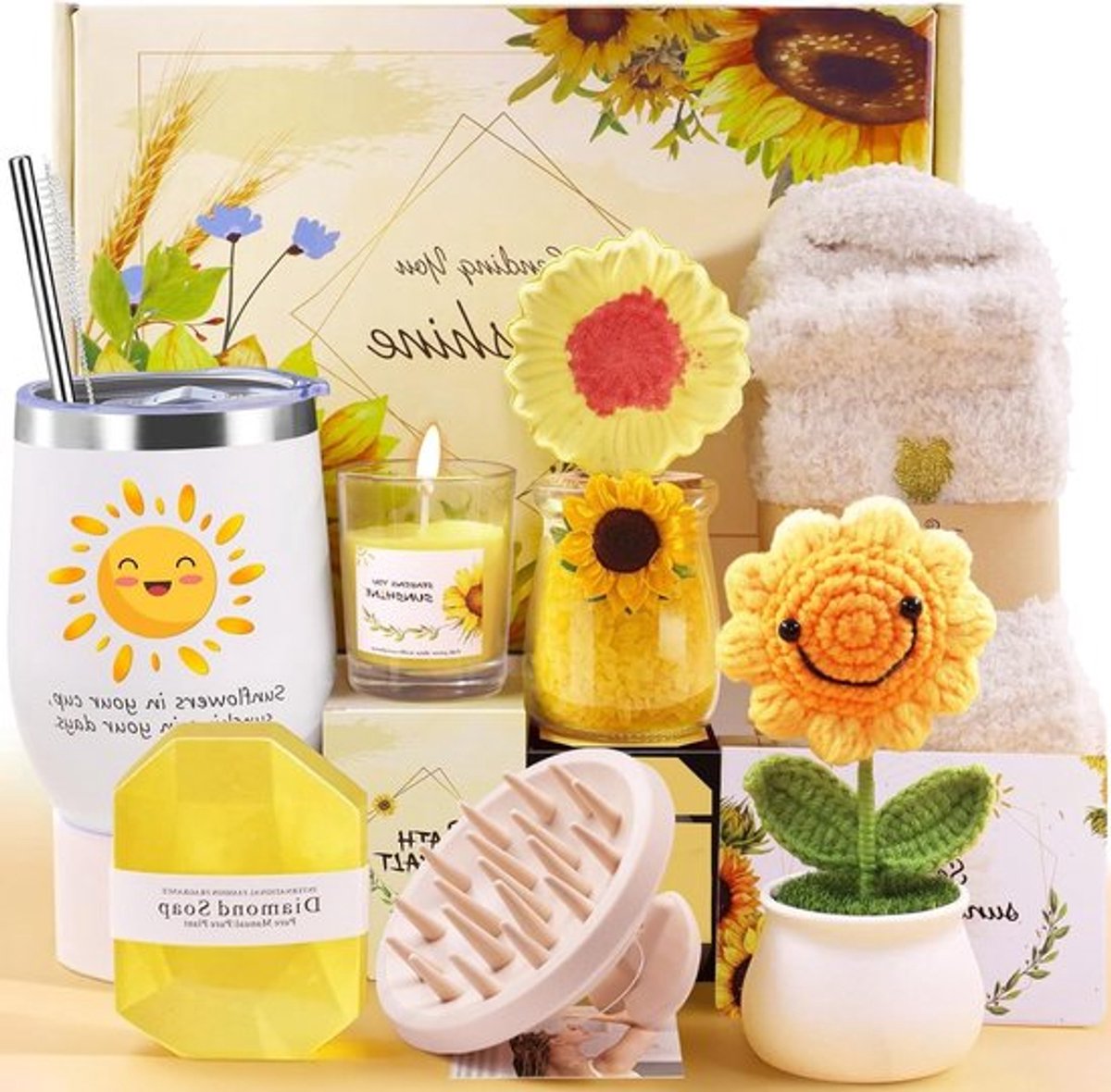 Cadeaus voor Vrouwen: Zonnebloem Geschenk voor Verjaardag, Ontspanning Set van 10 Stuks met Tumbler voor Moeder, Zus of Beste Vriendin