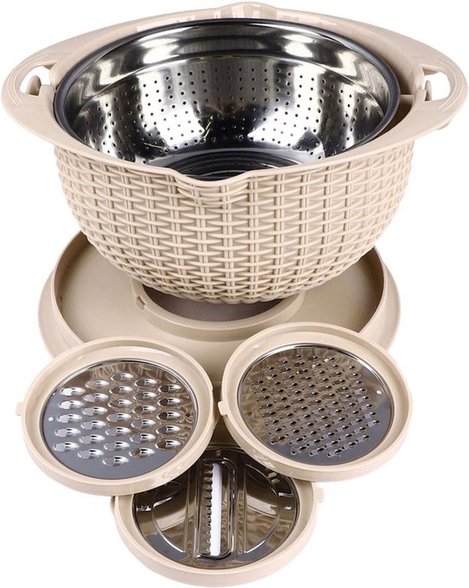 4-in-1 Mengkom Set met RVS Vergiet, Deksel en Rasp - Ideaal voor Salades, Fruit en Groenten, Keuken Must-Have