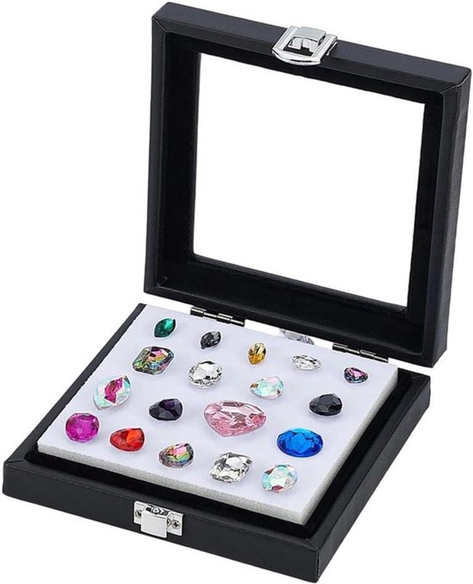 Sieradendoosje voor edelstenen en sieraden opbergen, zwart met PU-leer, juwelendoos met strass-steentjes, vitrine 14 x 13,1 x 3,3 cm
