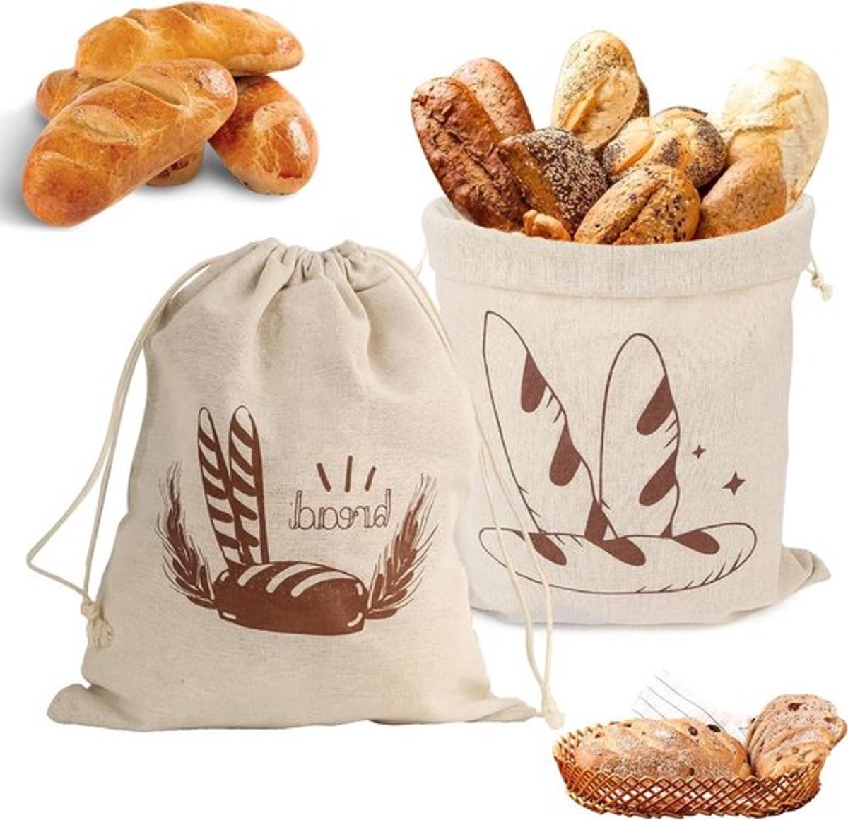 Herbruikbare linnen broodzakken voor vers gebakken brood - Set van 2 stuks - 40 × 30 cm - Voedselopbergzakken met trekkoord - Houdt brood vers