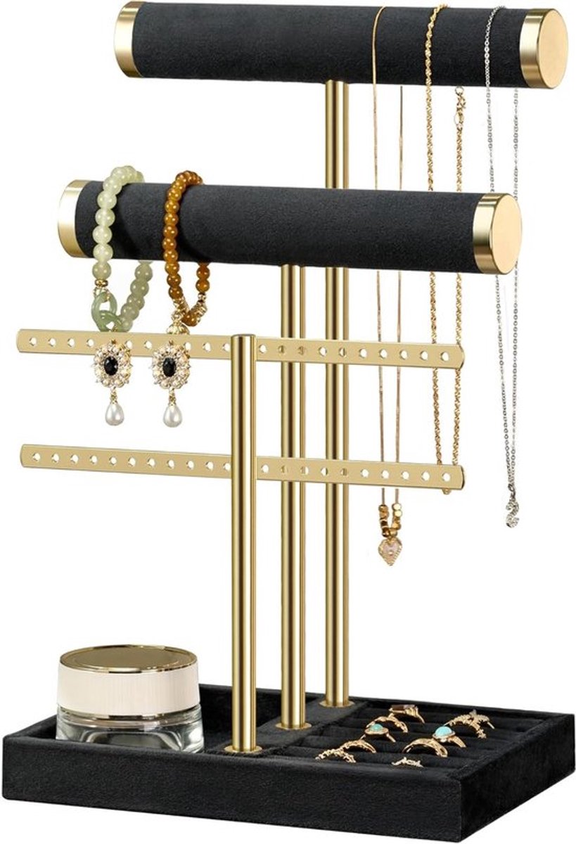 3-laags Armbandhouder met Afneembare T-Bar - Zwart Fluwelen Sieraden Organizer voor Armbanden, Kettingen, Horloges en Ringen