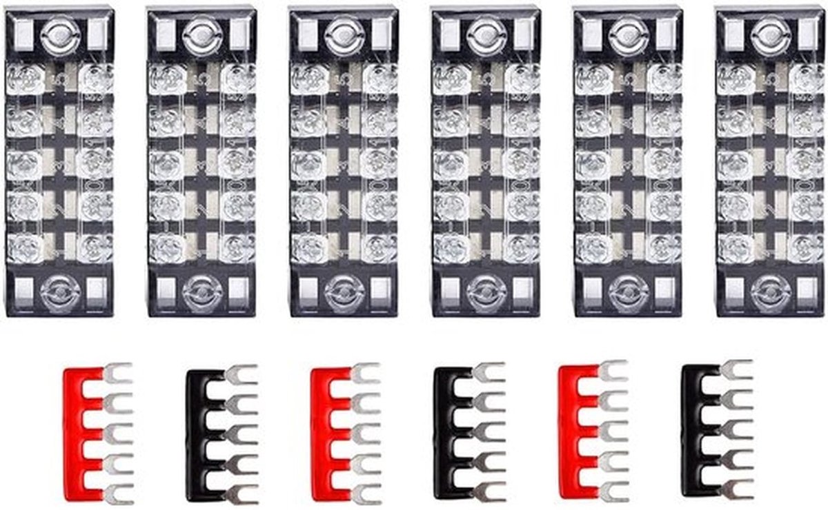 6 stuks schroefklemmenblok 5 posities dubbele rij schroefbandschroeven klemmenblok barrière + 6 stuks rood en zwart barrièreband terminal aansluitstrip voorgeïsoleerd 5 posities
