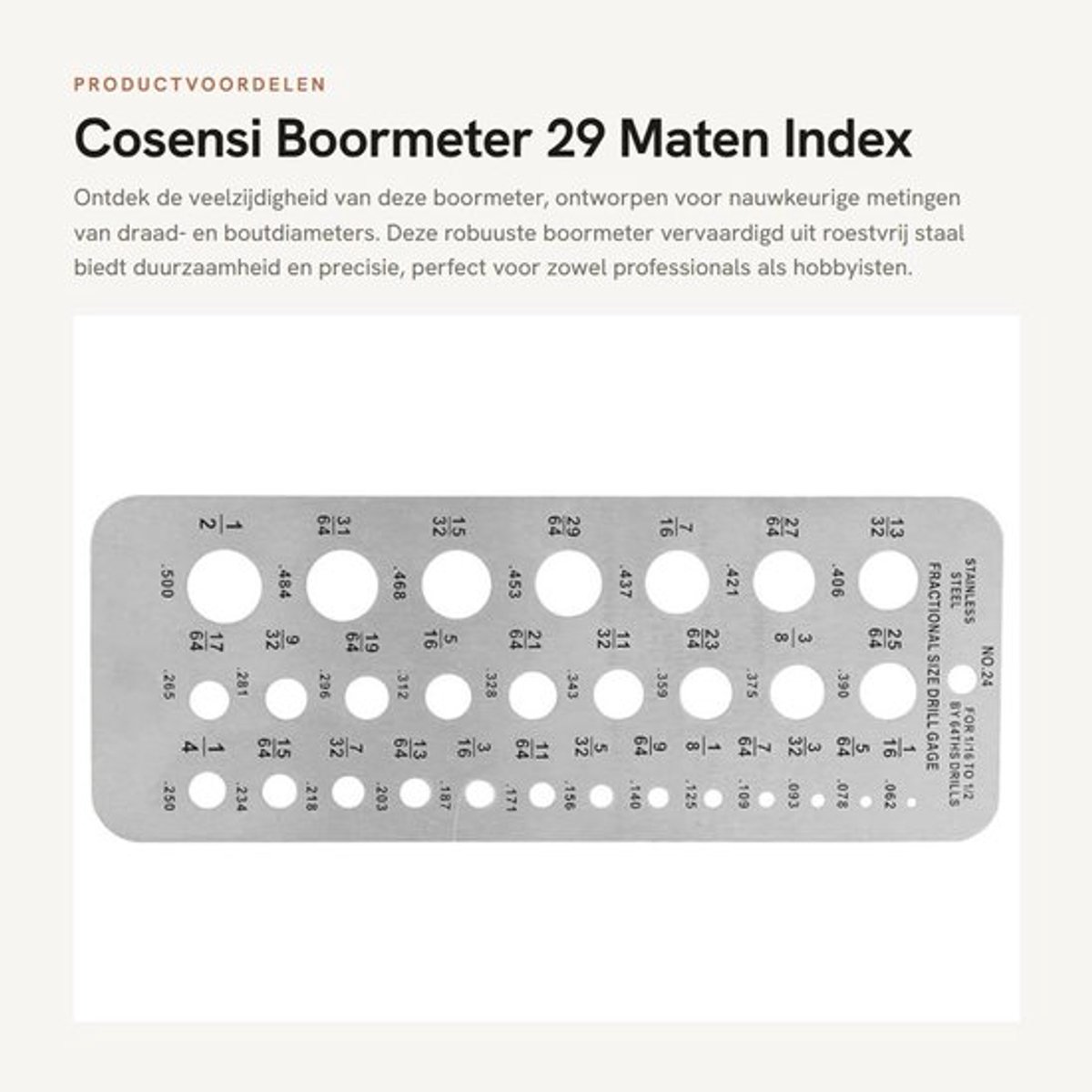 Boormeter Roestvrij Staal - Index Bitmeter - Draad/Boutdiametermeting - Nauwkeurige Metingen - Ophangontwerp - Duurzaam - Boorsjabloon
