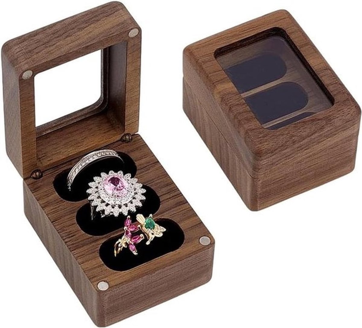 Houten ringdoos met 3 vakken en glazen deksel voor huwelijksaanzoek - Walnoot - Houten ring opbergdoos met transparant deksel - Verloving jubileum - Effen houten model