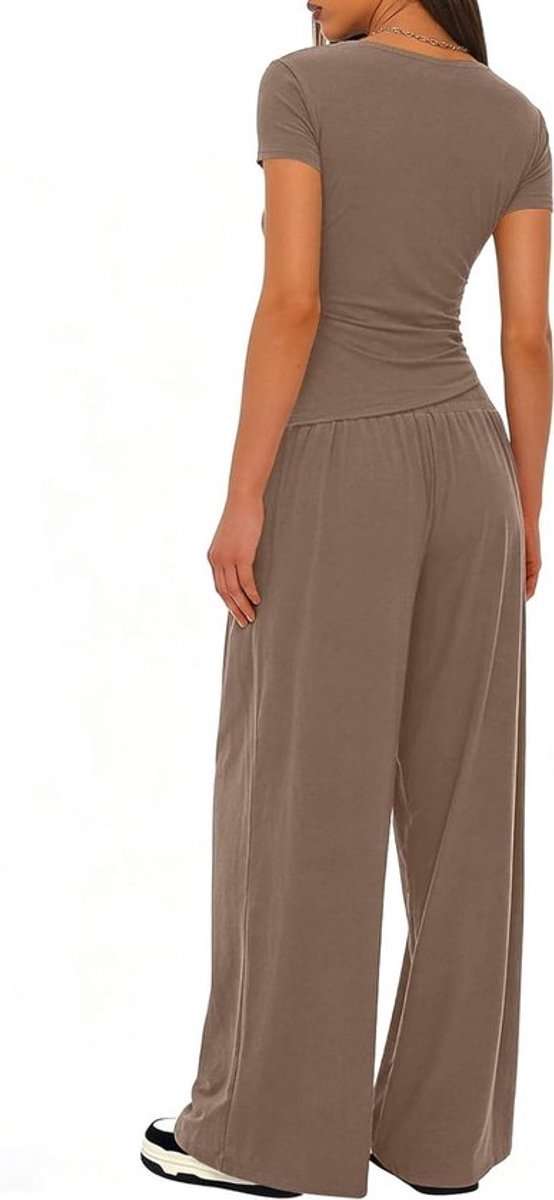 Zomerse Korte Mouwen V-Hals Loungewear Set met Brede Broek en Zakken voor Casual en Sportieve Activiteiten