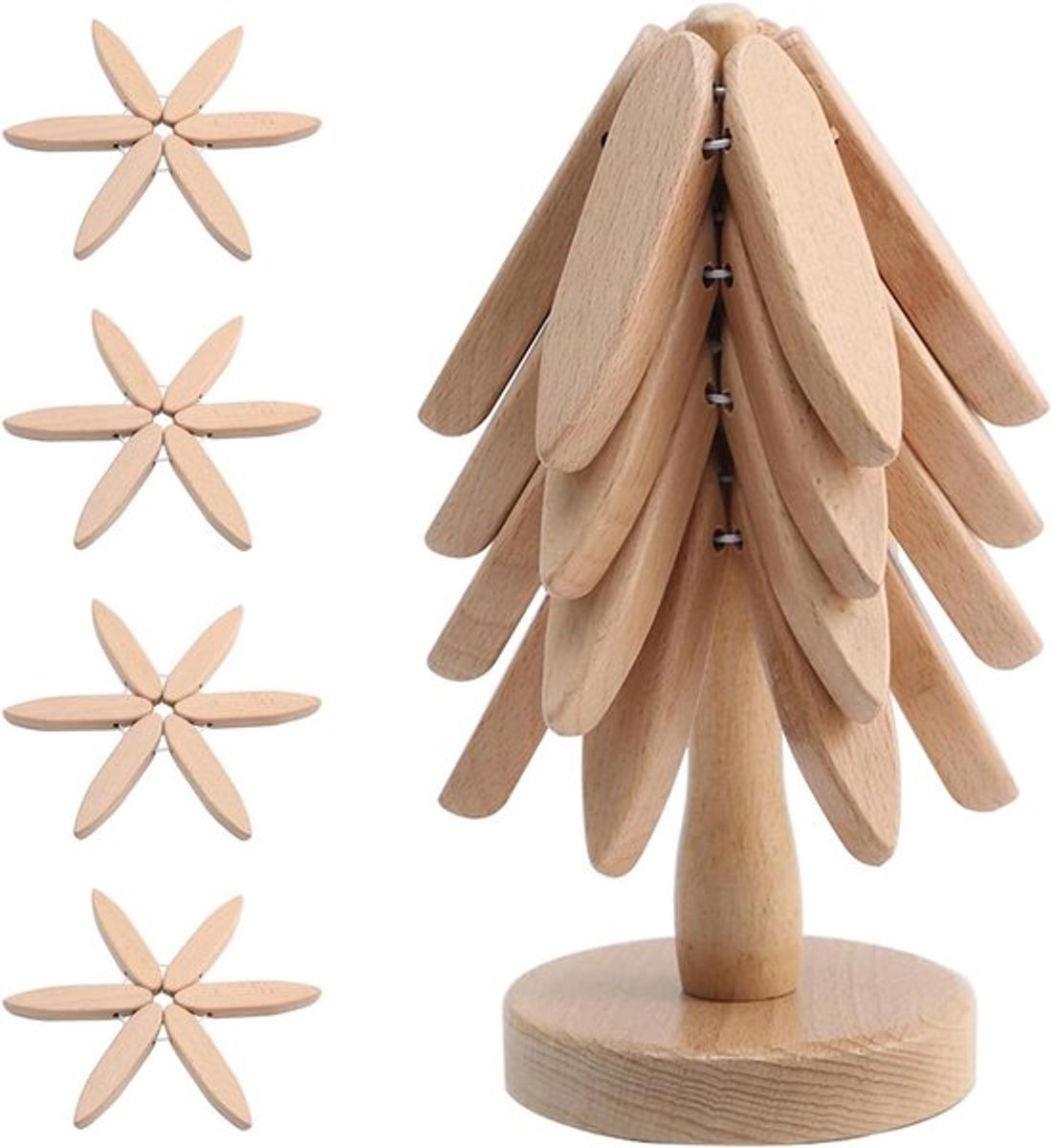 Houten onderzetter set - boomvormig design - hittebestendig - voor warme gerechten - potten en pannen - 4 lagen - inclusief standaard.