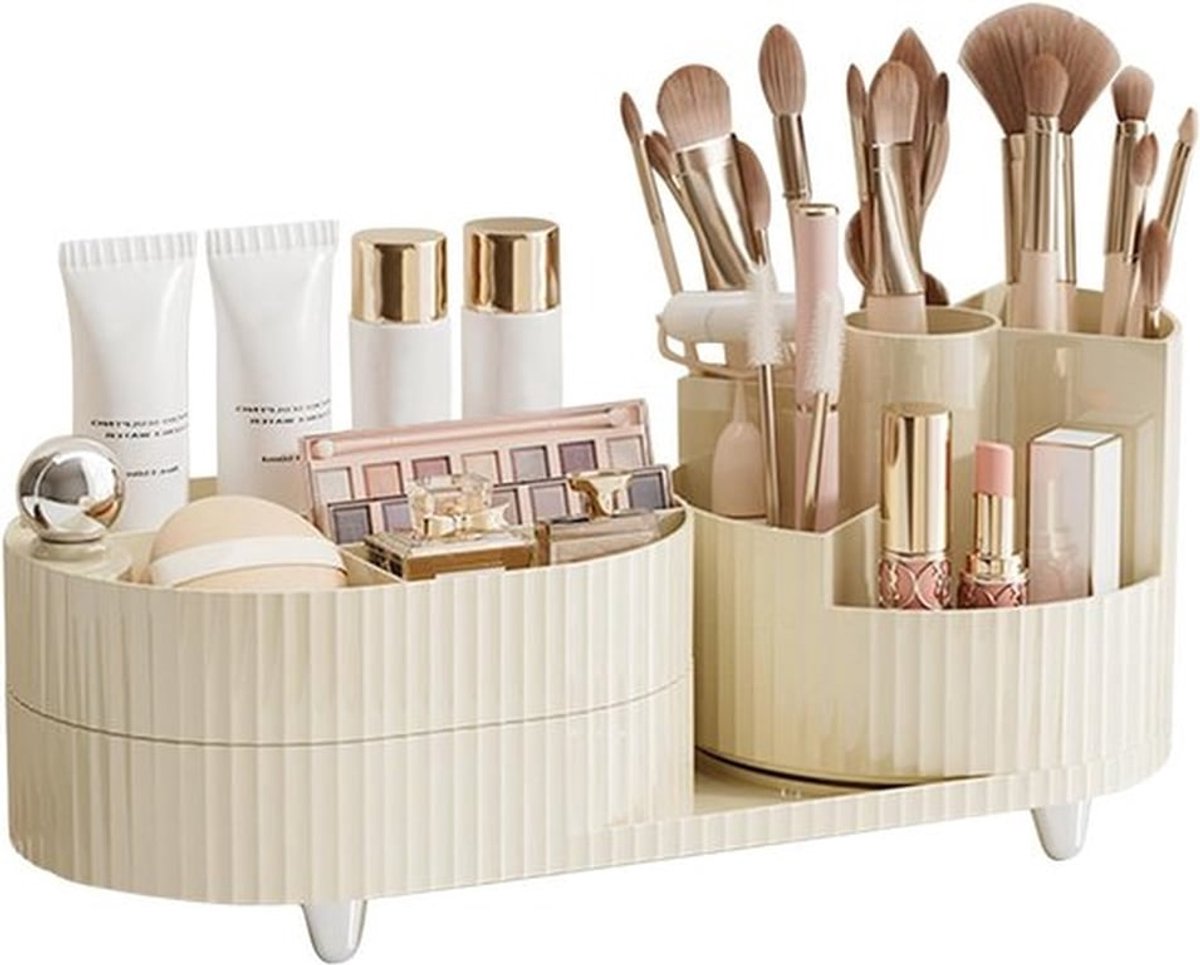 Grote Capaciteit Make-up Organizer met 360 Graden Rotatie, Lades en Borstelhouder voor Badkamer en Vanity