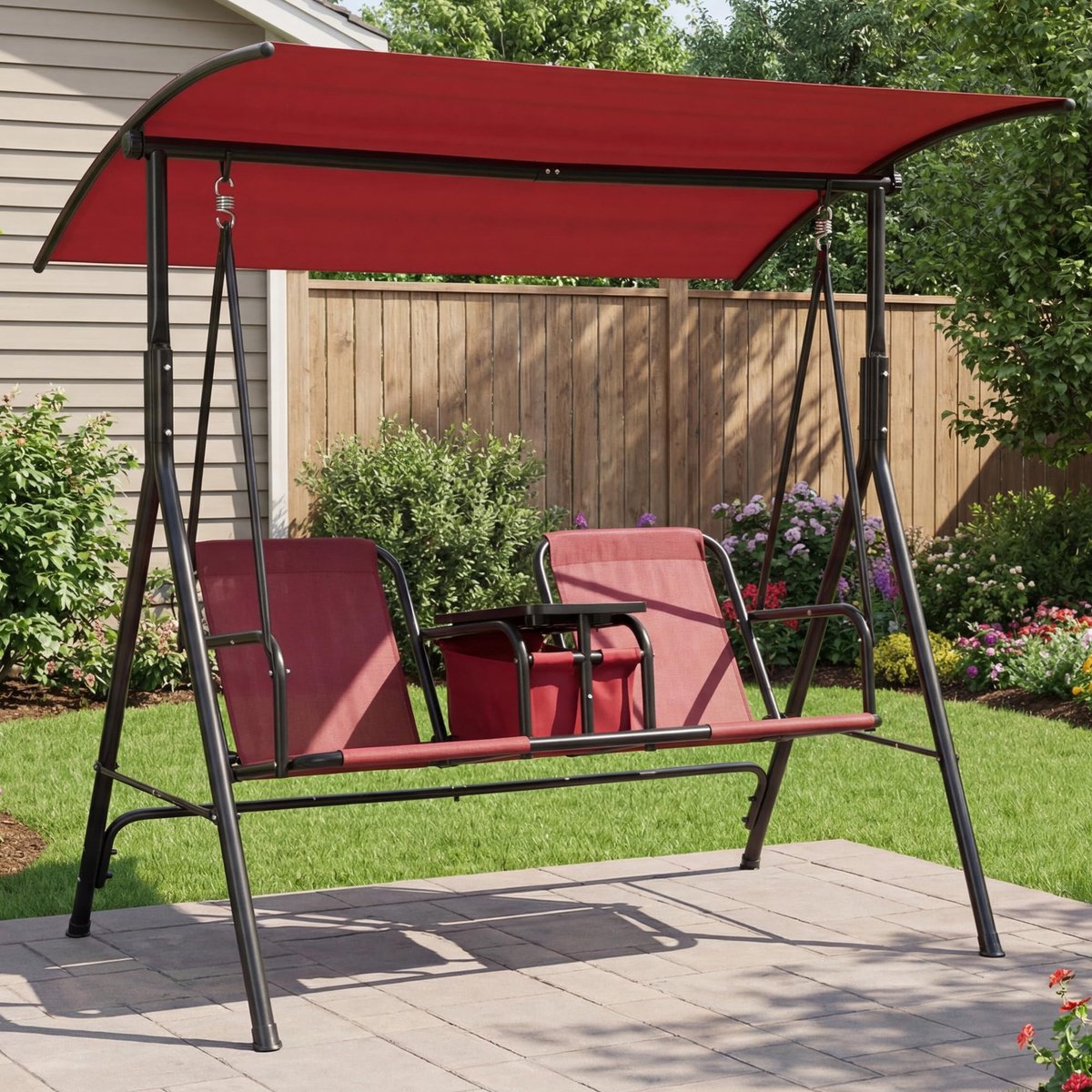 Schommelbank 2 Personen met Verstelbaar Zonnescherm - 173x108x163cm - Tuin Schommelbank - Hangbank Buiten - Bekerhouders - Stalen Frame - Voor Tuin Balkon Zwembad - Rood
