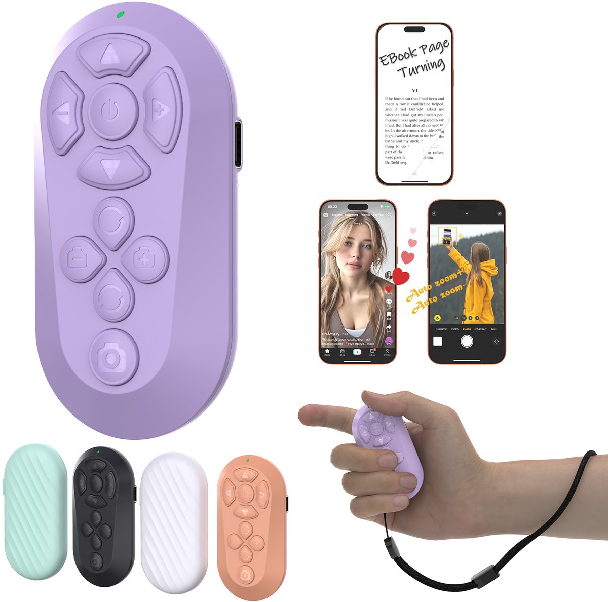 Bluetooth afstandsbediening – Geschikt voor iOS en Android – draadloze bediening – Geschikt voor TikTok, camera, video opname en e-reader lezen - Paars