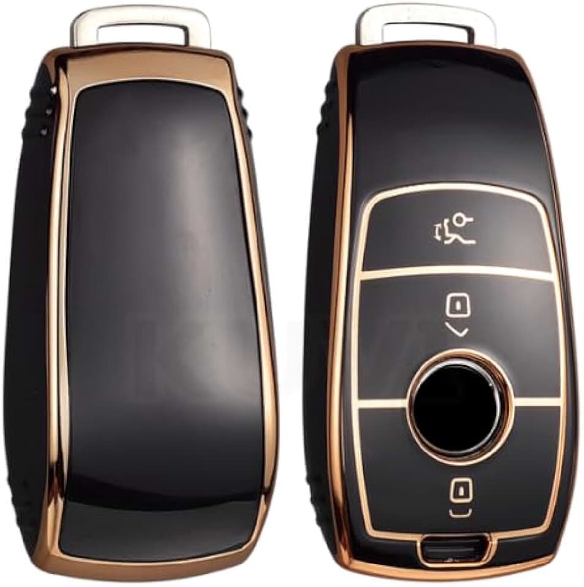 Sleutelhoes van TPU, glanzend, compatibel met Mercedes A, B, C, E, CLA, CLK, GLA GLC, siliconen, beschermhoes met 3 toetsen, autoafstandsbediening, verguld (zwart - goud)