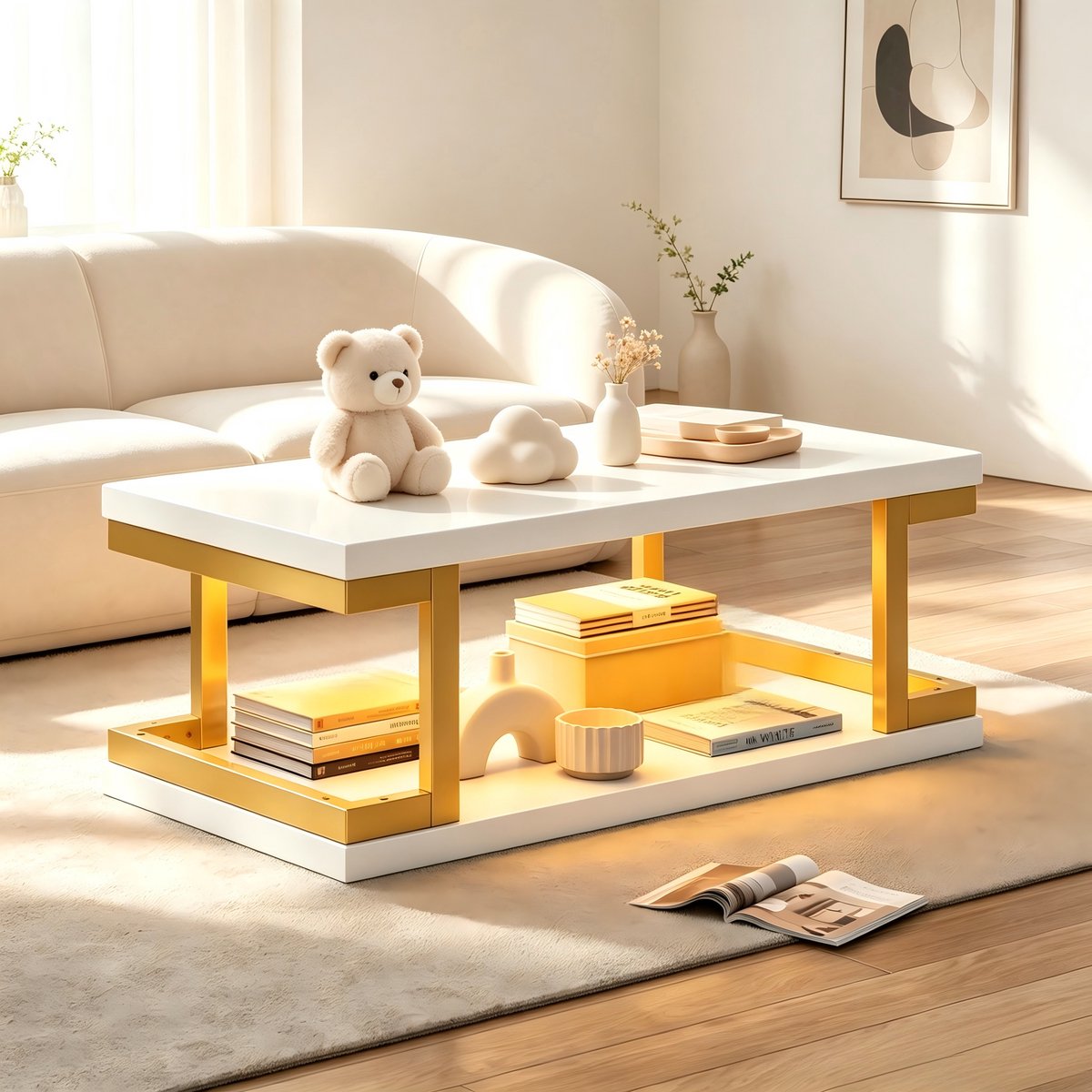 Couchtisch LED Licht - Rechteckig met Edelstalen Frame - White+Gold - 100x50x37.5 cm