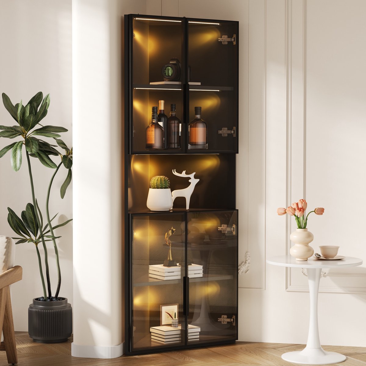 Vitrinekast Dreieckig - Sammlerstückschrank 62x32x160cm - Glasfront met LED-Licht - Modern Design - Schwarz