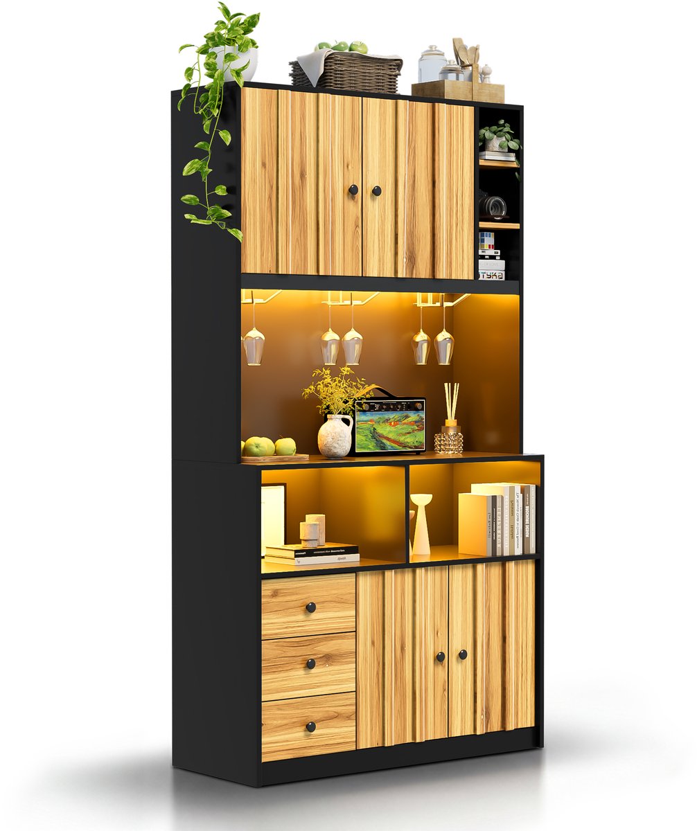 Kombinatie van Stauraum en Vitrine - Modern Küchenschrank in Black+Natural - LED verlichting en Steckdose