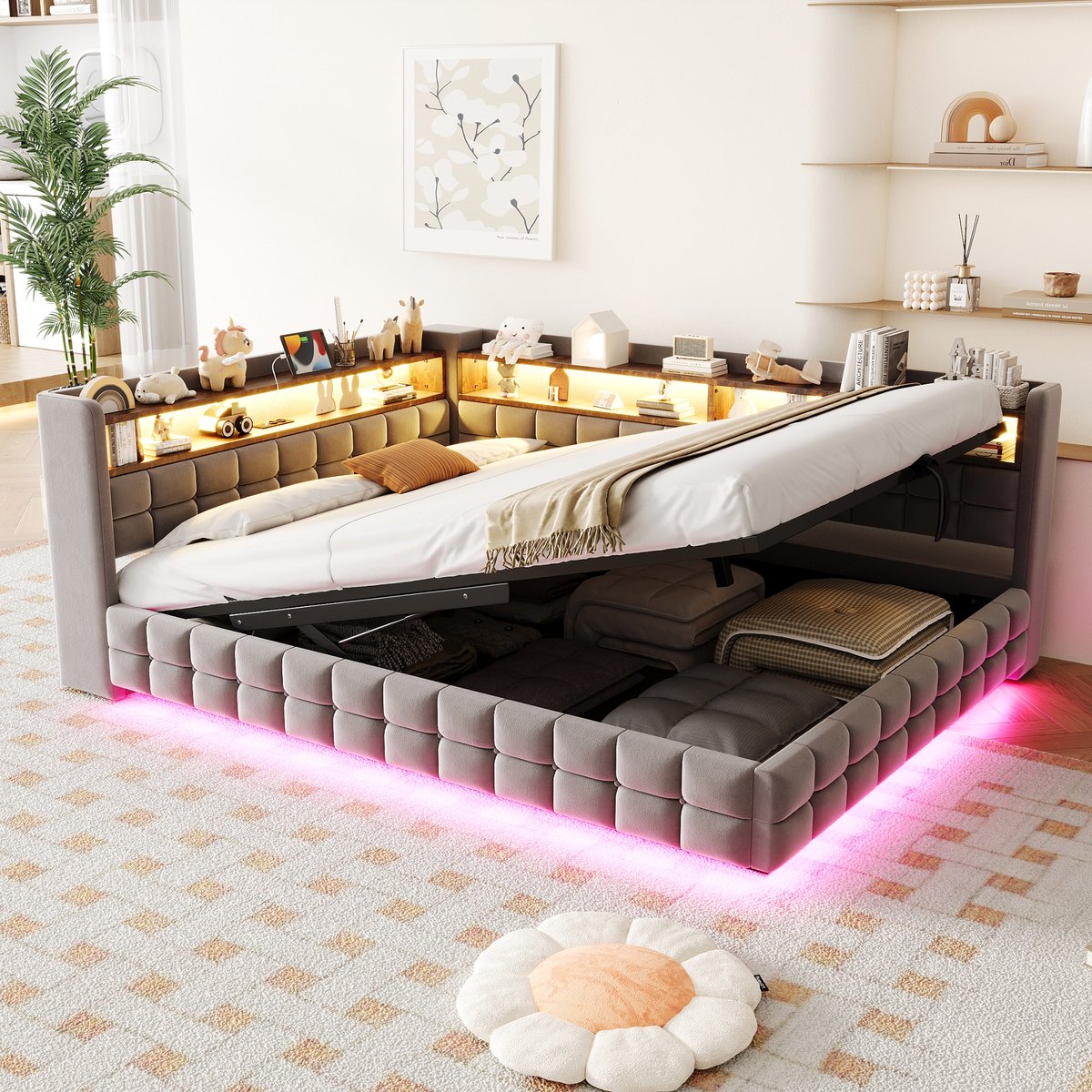 Sofa-bed 140 × 200 cm met Hydraulische Opslagruimte en LED-verlichting - Design Samtstoff Hellgrau