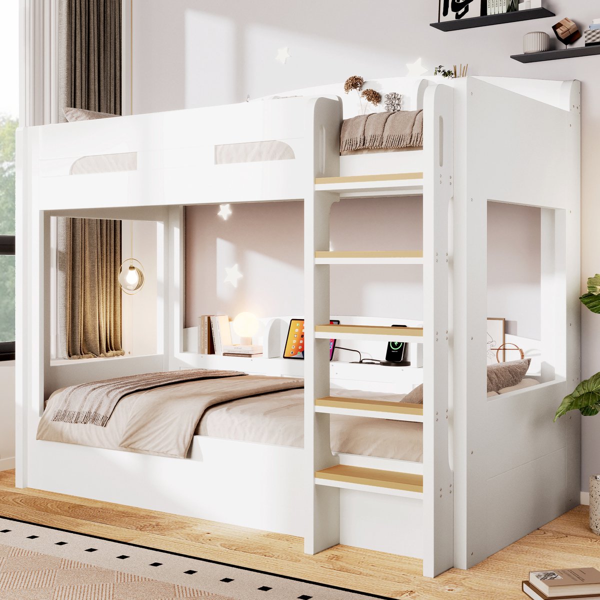 Hoogslaper 90x200 cm - Witte Stapelbed Met USB Poort - Kinderbed Met Opbergruimte, Zijplank En Stevig Houten Frame