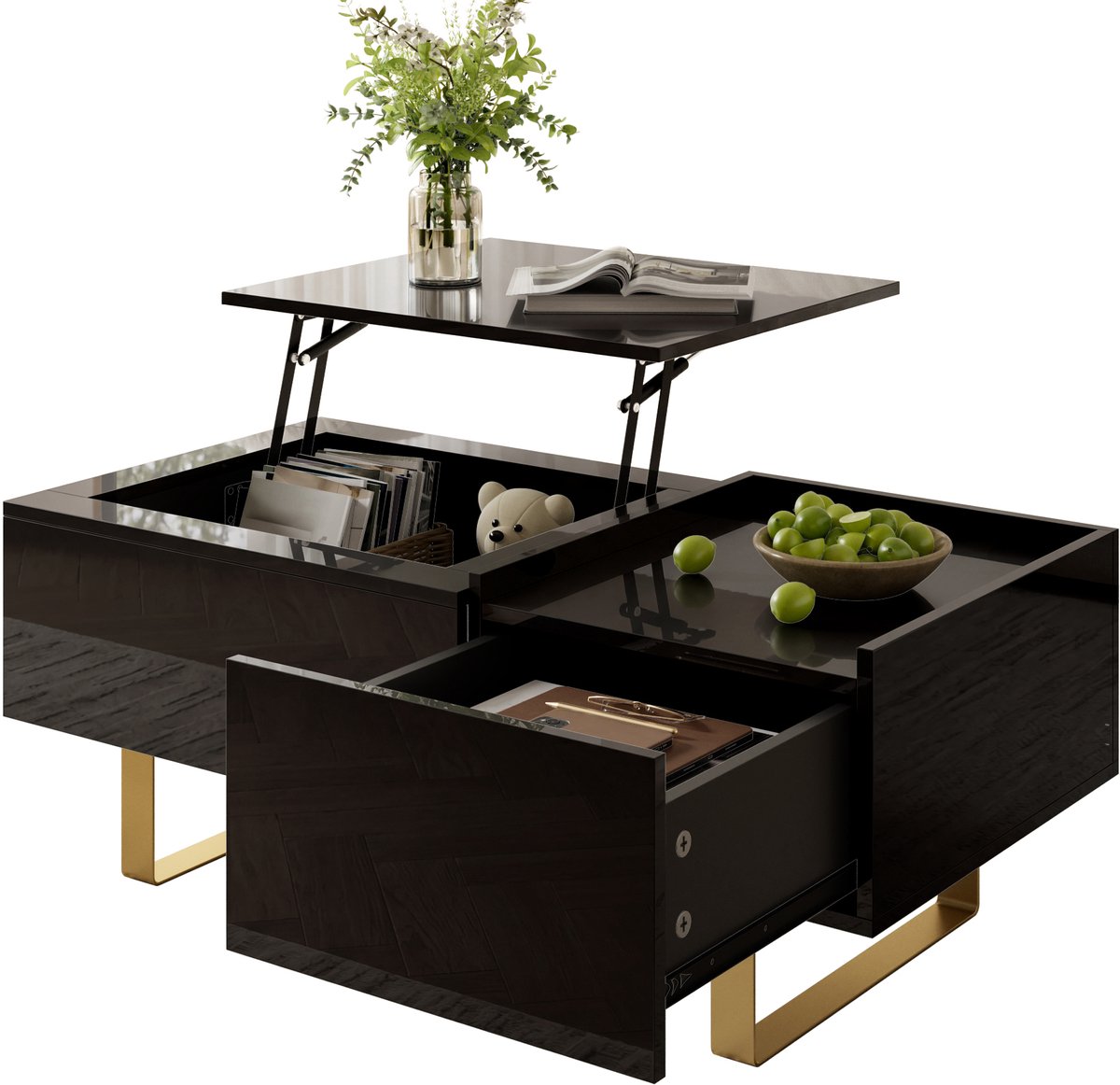 Salontafel - Verstelbare Koffietafel Met Opbergruimte En Lade - Hoogglans MDF Tafel Zwart Metalen Poten