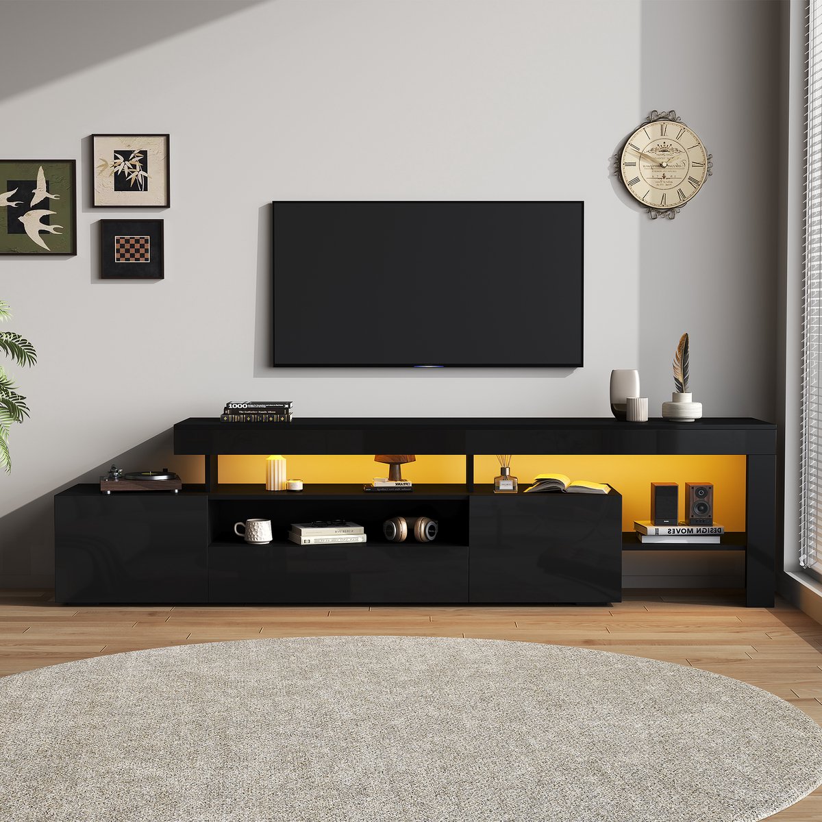 TV Meubel 192 cm Met LED Verlichting - Hoogglans TV Kast Voor 85 Inch TV, 3 Deuren, Open Opbergruimte En Wandmeubel Design - Moderne TV Kast Zwart