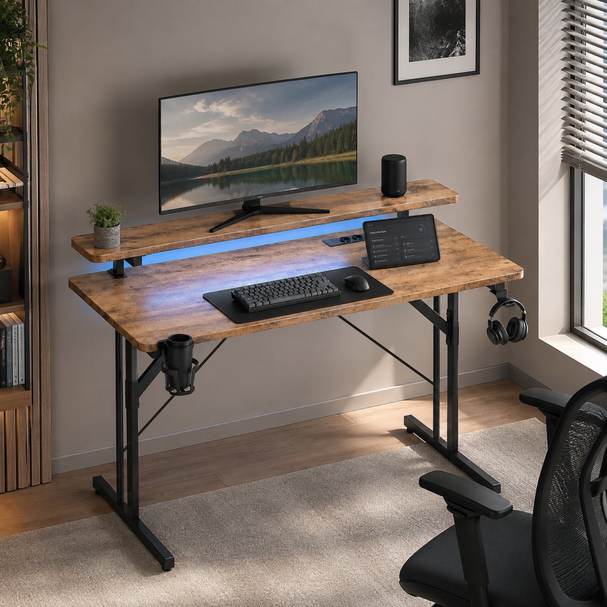 Five Stars® Game Bureau - 100x50x75 cm - Game Bureau met LED Verlichting - Rustieke Houtlook - Gaming Desk - Computertafel - RGB LED Verlichting thumbnail 4