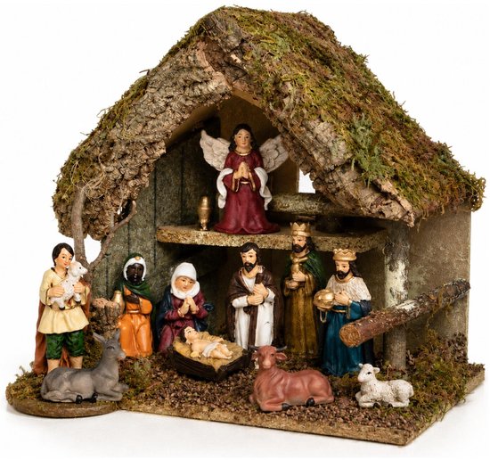 Complete kerststal - 30 x 18 x 26 cm - 11 met kerstbeeldjes - kerstdecoratie stal