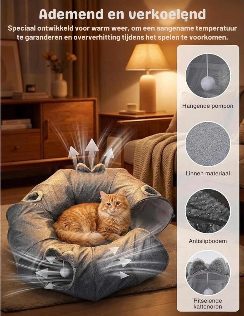 Verte Kattentunnel met Kattenmand - Cat Cave - 3-in-1 Ronde Kattentunnel - Ademend Linnen - Uitneembaar Zomerbed - S-Vorm - Verstelbaar voor Katten en Konijnen