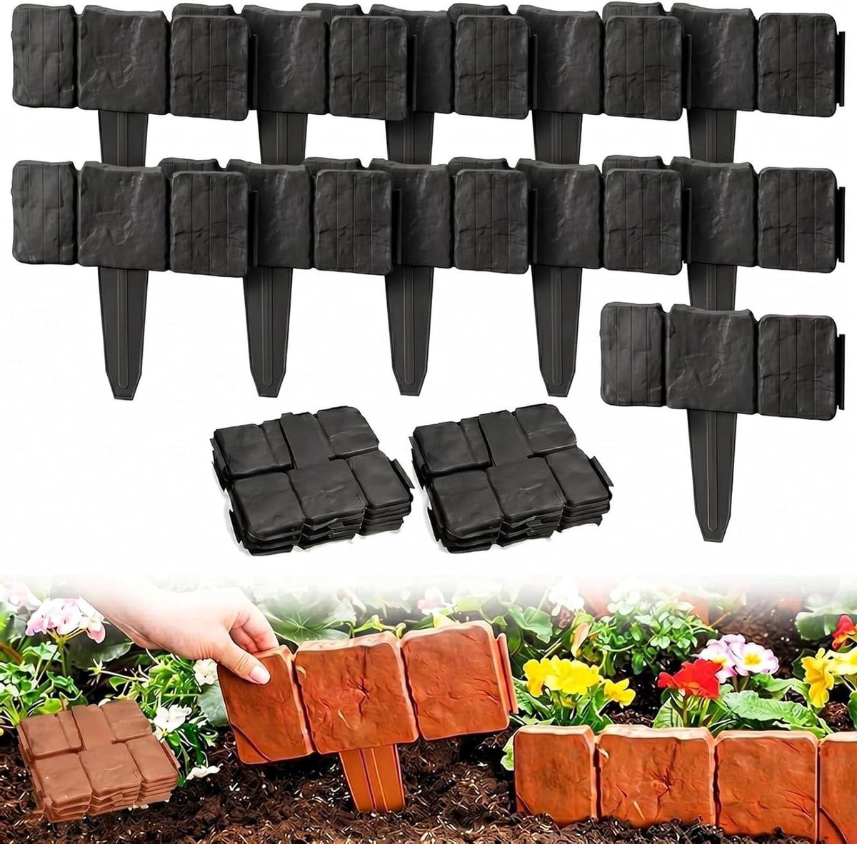 Imitatie stenen tuinafscheiding - Plastic keerrand Grasrand - Tuin afbakenen - Vergrendelingssysteem - 40 stuks - Zwart