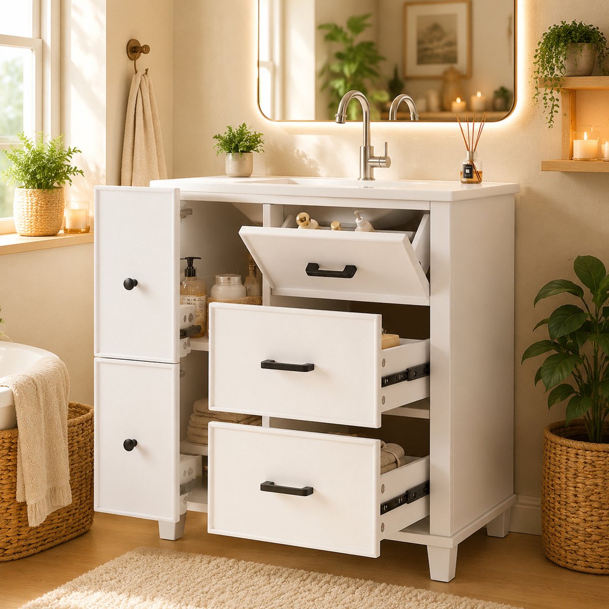 Wastafelmeubel Wit 76,5x47x83,5 cm - Badkamerkast Met Keramische Wasbak En 5 Softclose Lades - Moderne Onderkast Voor Badkamer Met Veel Opbergruimte