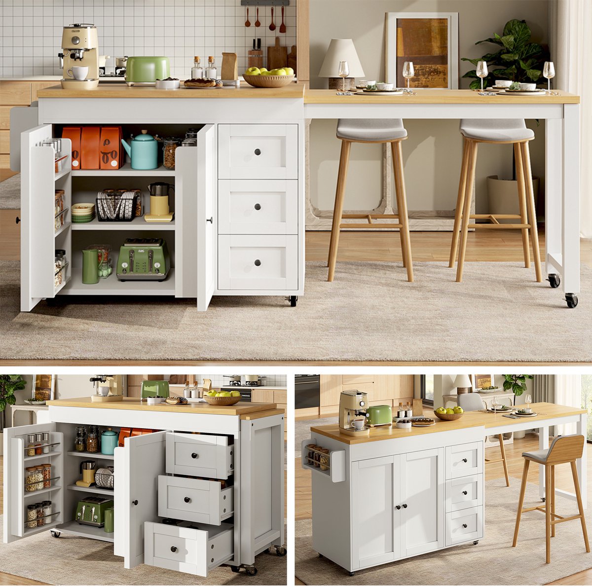 Kombinatie Keukeneiland met Verlengbare Tafel en Opbergruimte - Wit/zwart - MDF/Metalen frame - 116-179,5x45x89 cm
