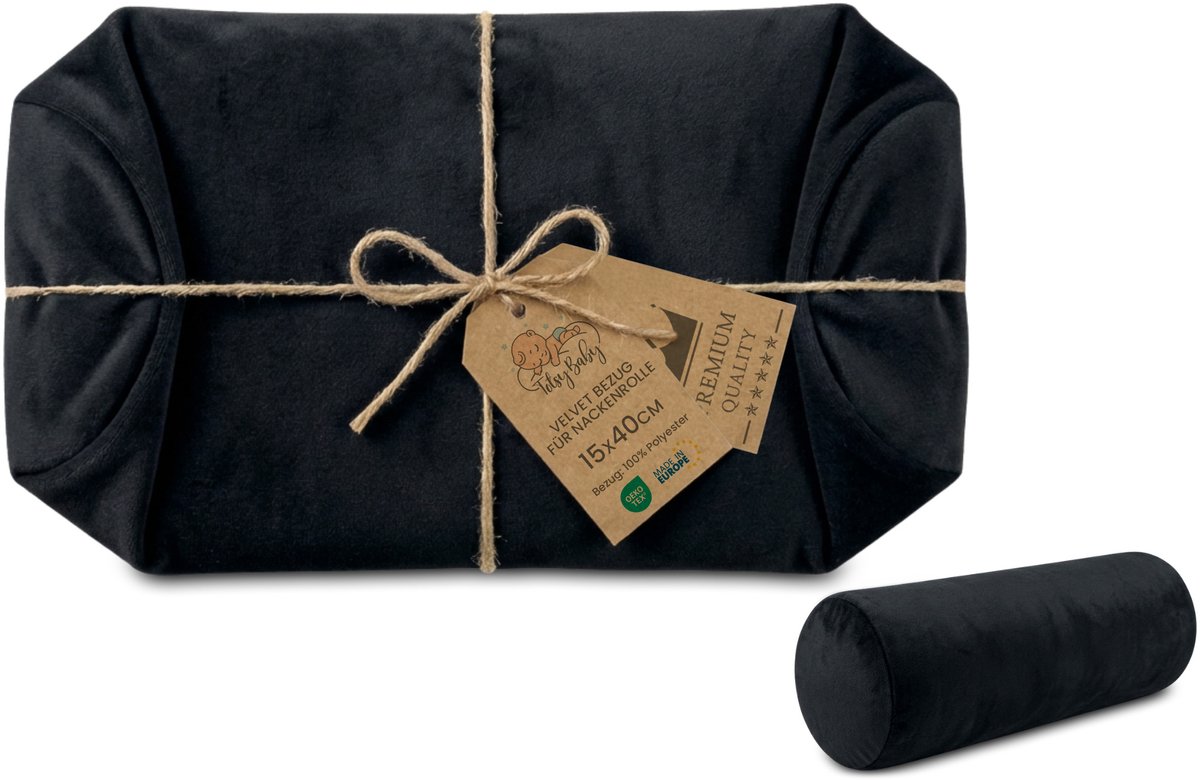 Hoes voor nekrol yoga bolster knierol positioneringsrol ribfluweel 15 x 40 cm - overtrek voor nek- en knierol, decoratief kussen en klein kussen, lange rol Oeko-Tex Zwart Fluweel