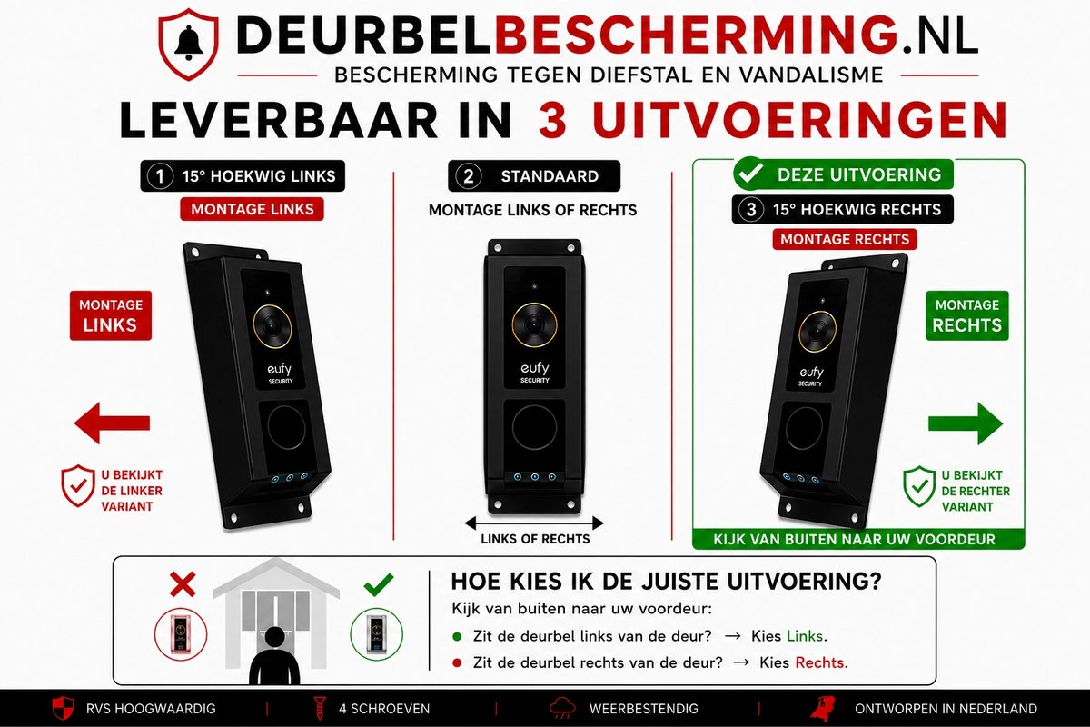 Deurbelbescherming Eufy Dual 2 Pro - 15° Montage Rechts - RVS Zwart (anti-diefstal cover - videodeurbel bescherming - videodeurbel beschermer - videodeurbel hoes - videodeurbel cover - beveiligingscamera beschermer)
