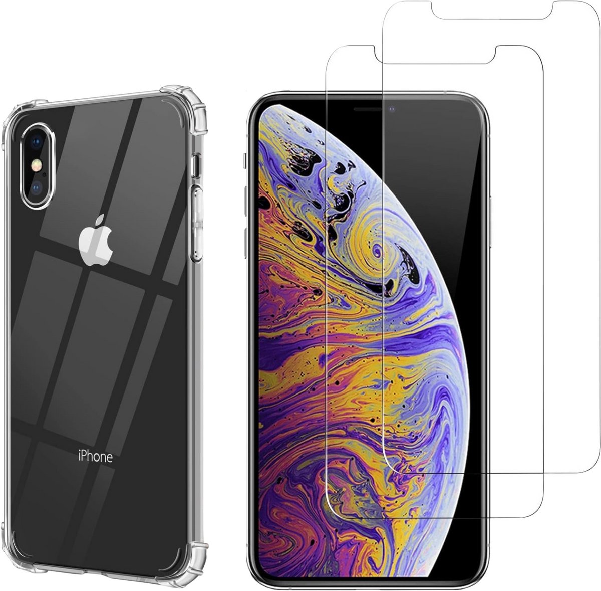 Hoesje geschikt voor iPhone XS MAX backcover Shockproof siliconen Transparant en 2 stuks Screenprotector Gehard Glas