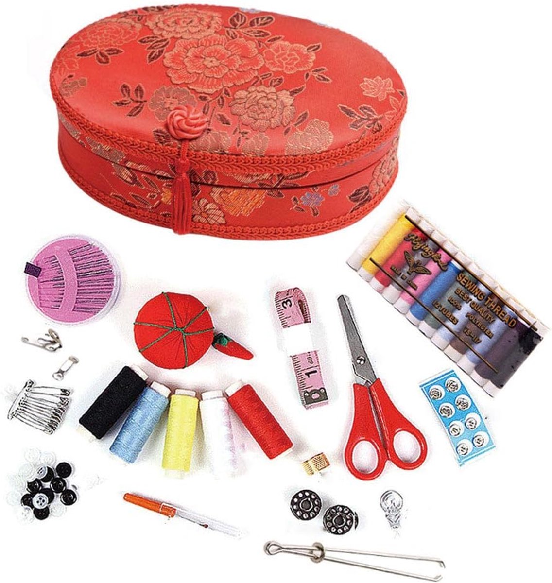 Naaien Kit - Reparatieset Naaiset - Kleding Repareren - Complete Houten Mand - 260 Gram - Rood