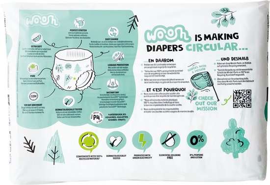 Woosh luierbroekjes: circulair, dermatologisch getest, 12 uur droog, 0% parfum, P4, 9-15kg