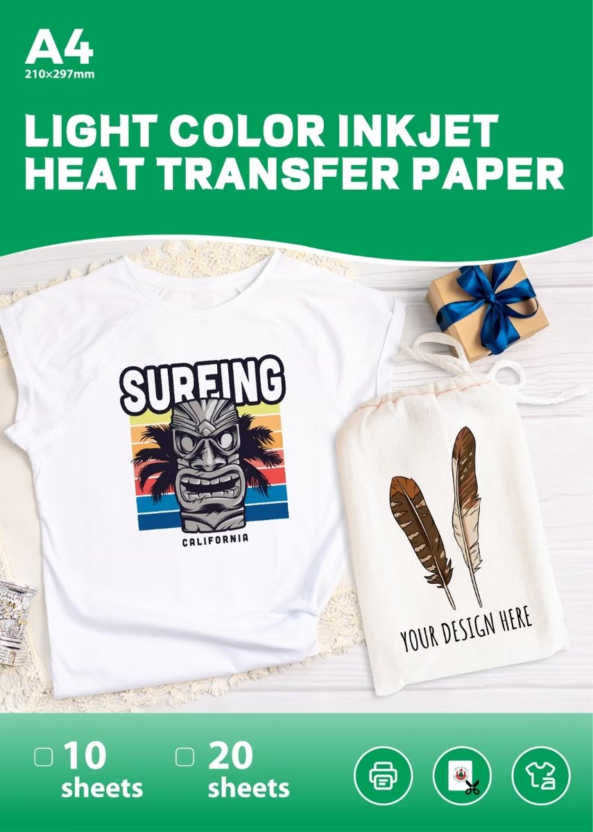 10 Vellen A4 Hitteoverdrachtpapier - Voor Inkjetprinters - Voor Lichte Stoffen - Voor T-Shirts en Tassen - Standaard - 10 Stuks