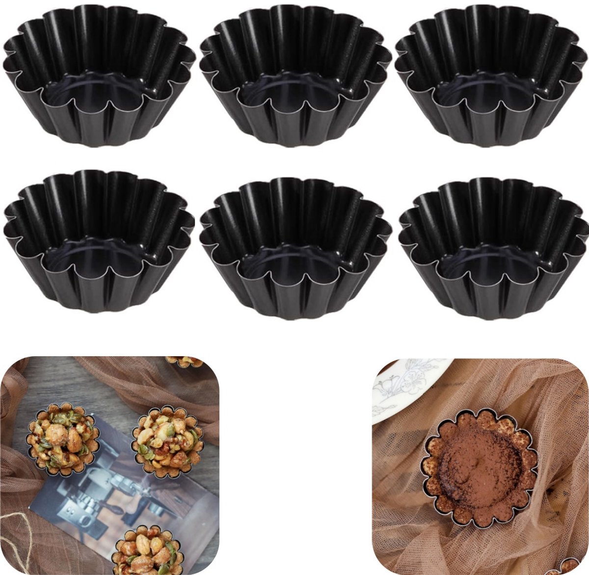 6 stuks mallen - eertaartvormpjes - metalen mallen - cupcaketray - puddingbakvorm - uitneembaar - gemakkelijk schoon te maken - hittebestendig - kookaccessoires - geschikt voor oven, keuken, dessertwinkel (zwart, 5,5*2 cm)