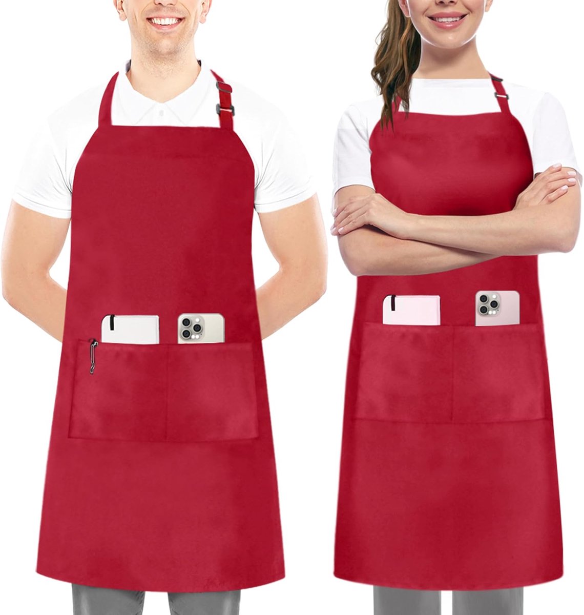 Two Piece verstelbare Slabberschort met 2 Zakken - Commercieel Restaurant en Thuis Keukenschort 81x71cm - Verstelbare Halsriem, rood