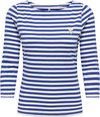 Blauw-wit gestreept 3/4 mouwen shirt met geborduurde bloem op de borst.