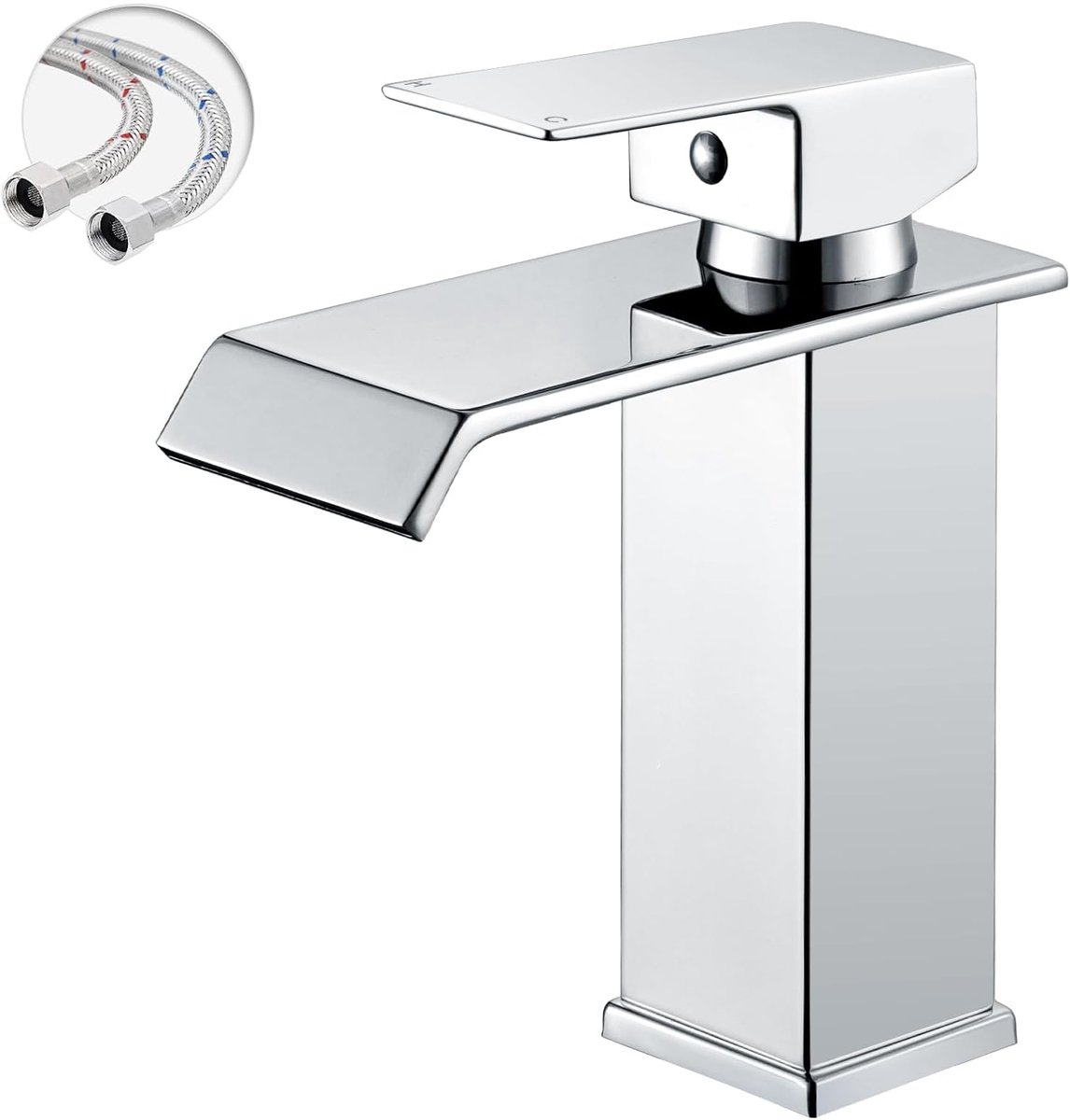 KZQ Waterkraan Badkamer Wastafelkraan Modern Badkamerkraan Wastafelmengkraan Waterval Badkamer Kraan Eengreepsmengkraan Warm En Koud Verstelbare Wastafelarmatuur - Laag Model - Chroom Recht - Incl G3/8 Slangen
