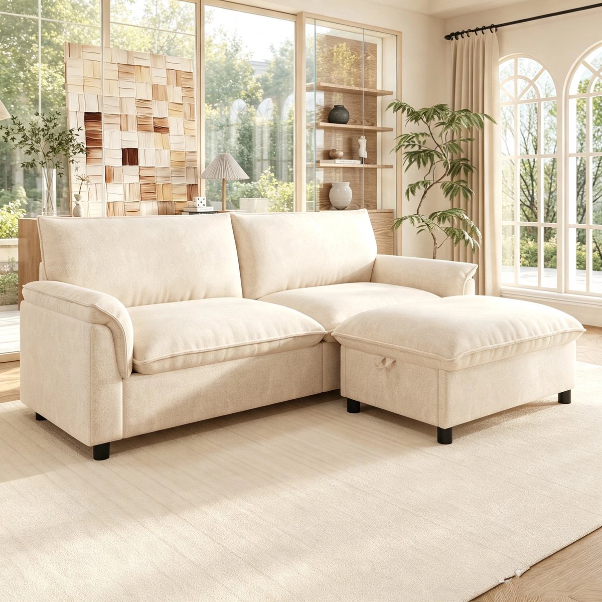 Modulaire Cloud Hoekbank, Moderne Hoekbank, L-Bank, 2-Zitsbank, Comfortabele Hoekbank voor de Woonkamer, Modern Design met Diepe Zitting, Extra Grote Cloud Bank, met Verplaatsbare Voetenbank, Hoge Rugleuning-Beige