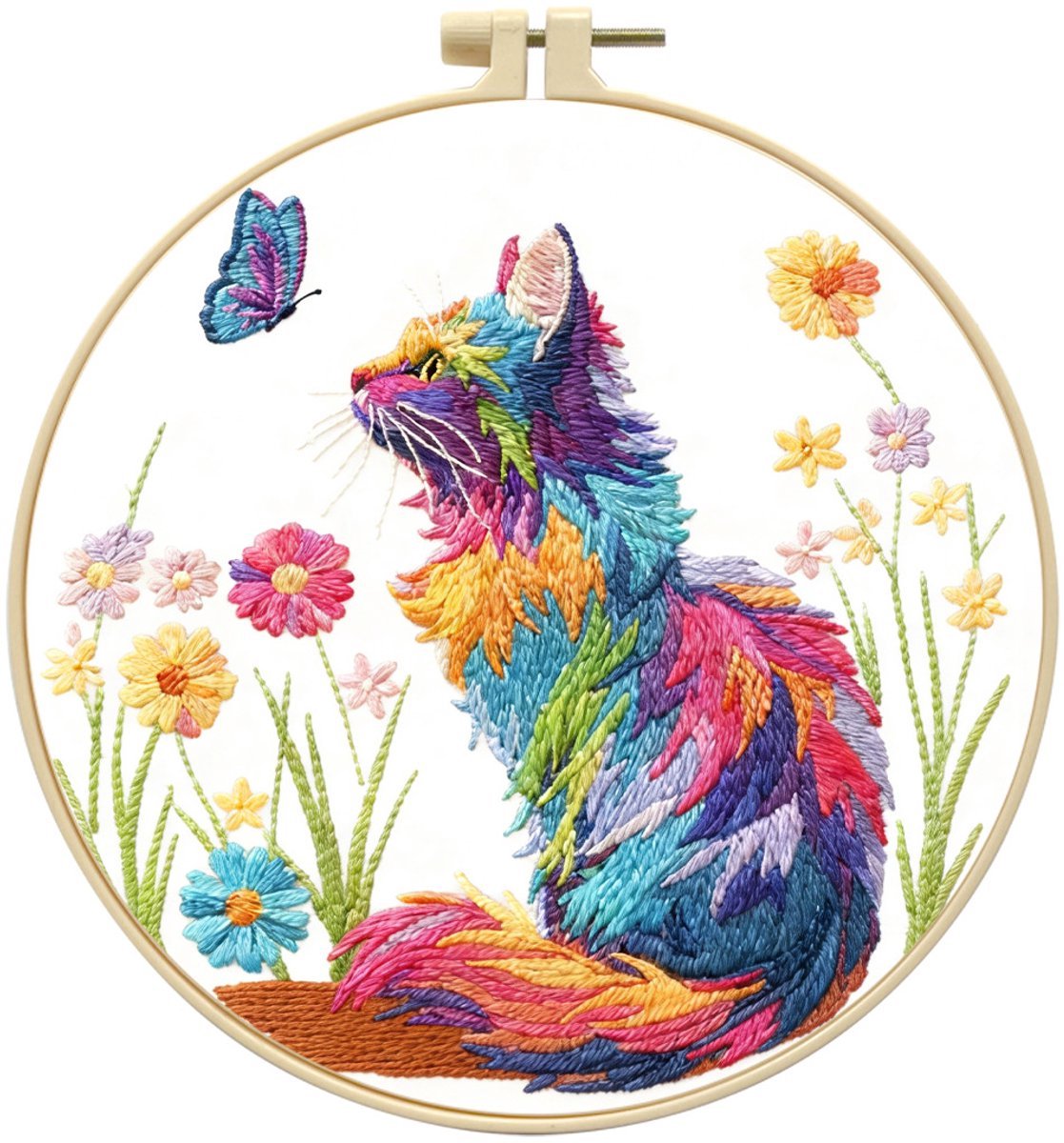 Casalora Borduurpakket Kleurrijke kat – DIY Borduurset voor Beginners en Volwassenen – Kleurrijke kat Borduren met Borduurring, Voorgedrukt Borduurstof en Accessoires – Handwerk Borduur Kit